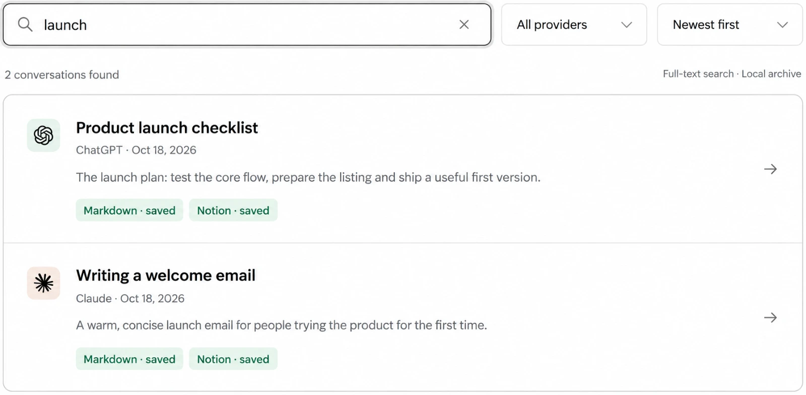 Example archive search finding ChatGPT and Claude conversations saved to Markdown and Notion.