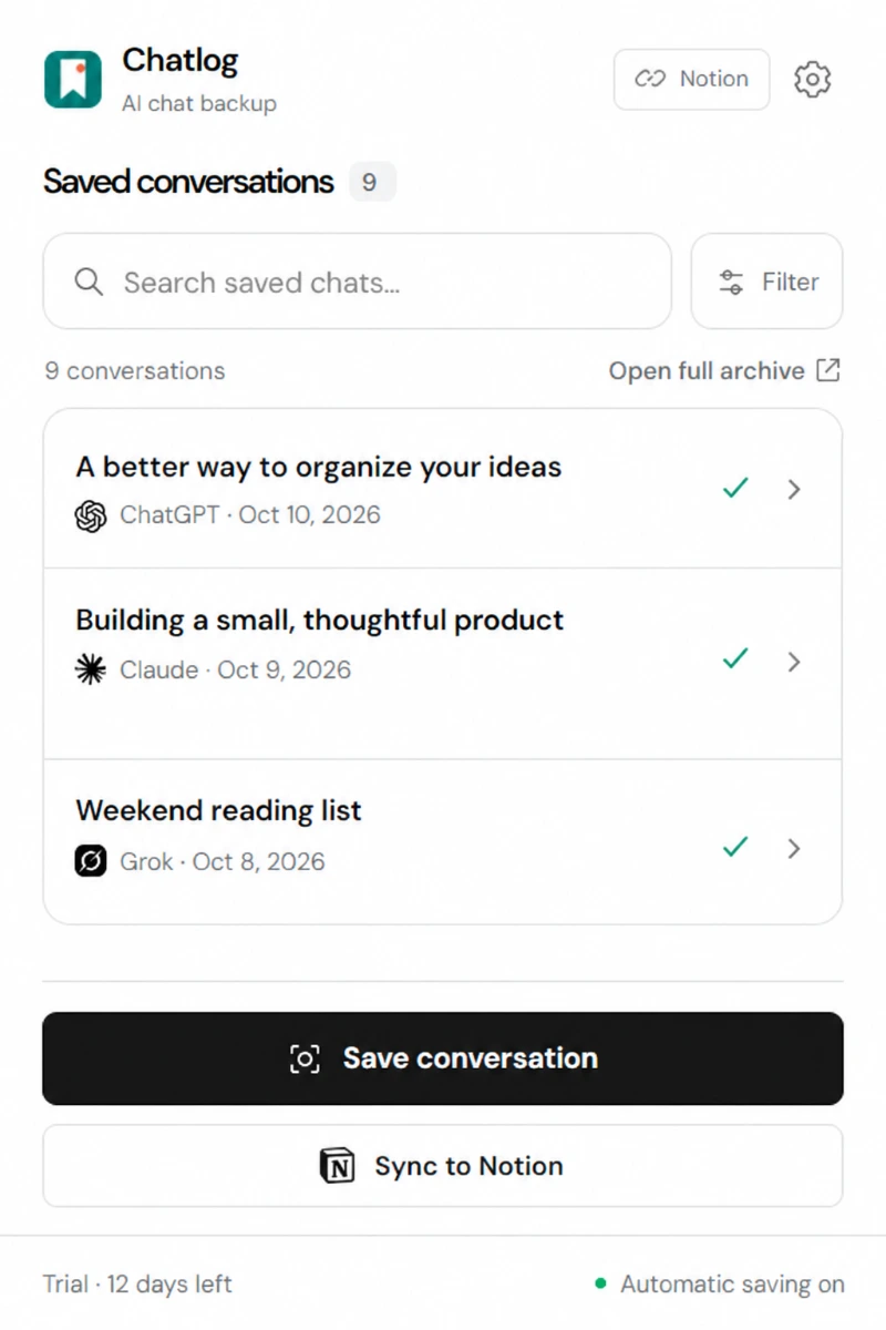 Chatlog popup showing saved conversations and automatic saving enabled.